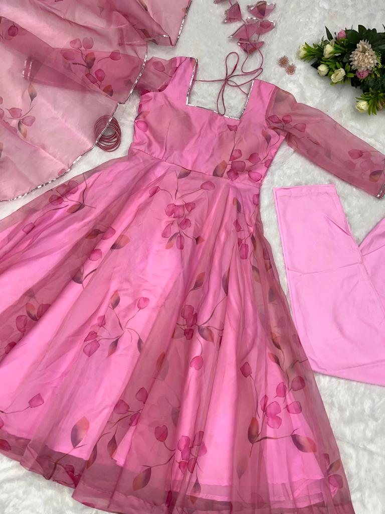 Wonderful Pink Color Digital Print Organza Gown