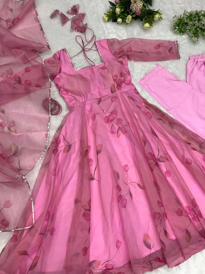 Wonderful Pink Color Digital Print Organza Gown