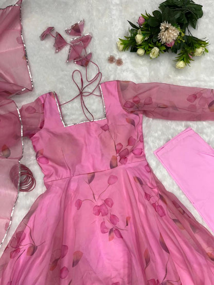 Wonderful Pink Color Digital Print Organza Gown