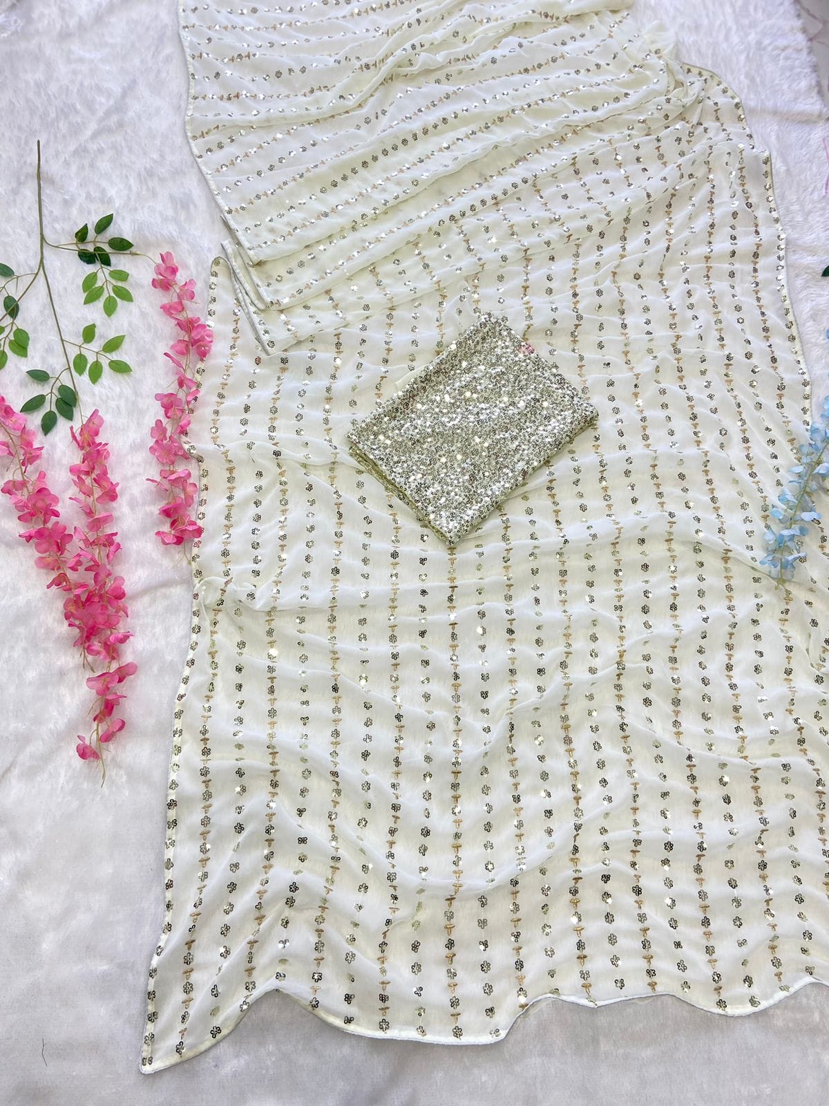 Glimmering White Color Sequence Work Saree
