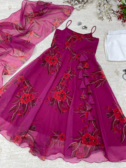 Casual Wear Dark Pink Color Printed Gown