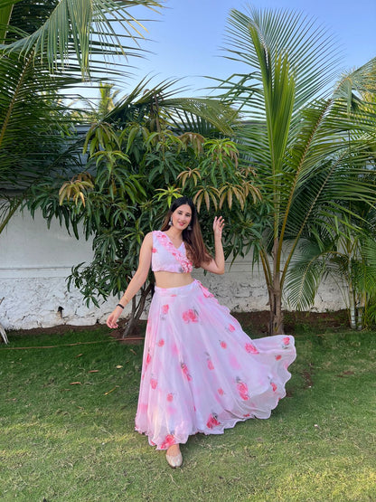 Rose Print White Color Lehenga Choli