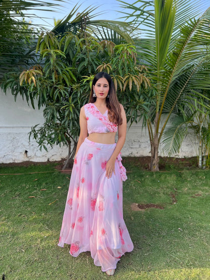 Rose Print White Color Lehenga Choli