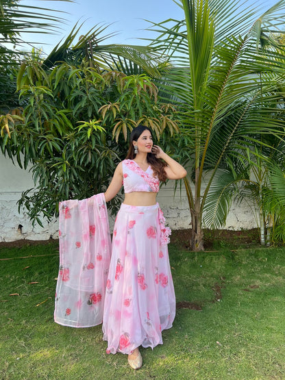Rose Print White Color Lehenga Choli