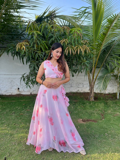 Rose Print White Color Lehenga Choli