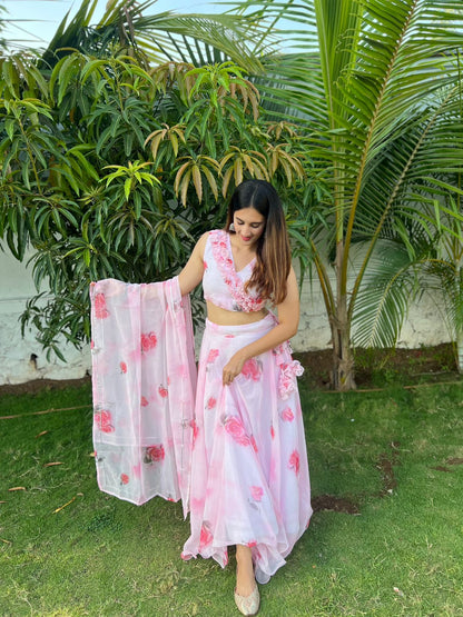 Rose Print White Color Lehenga Choli