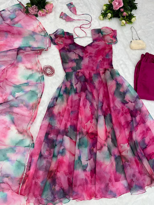 Function Wear Pink Color Organza Gown