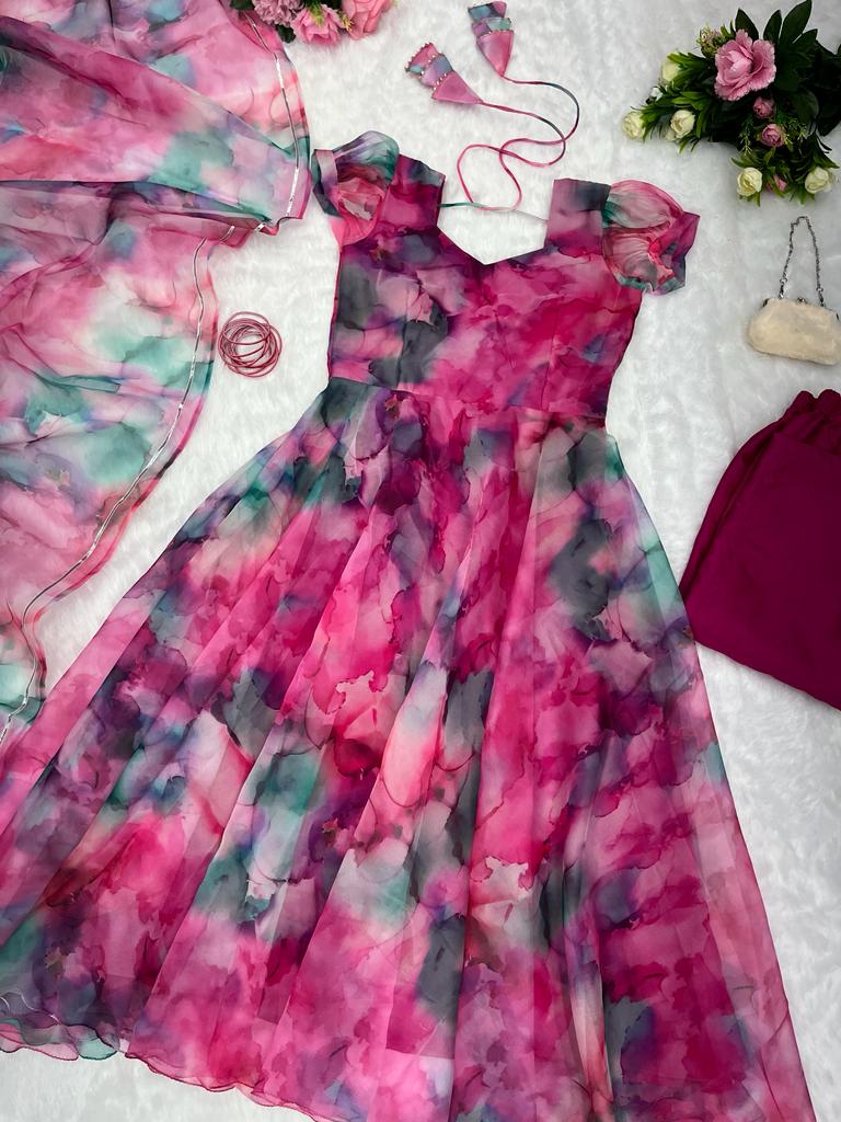 Function Wear Pink Color Organza Gown