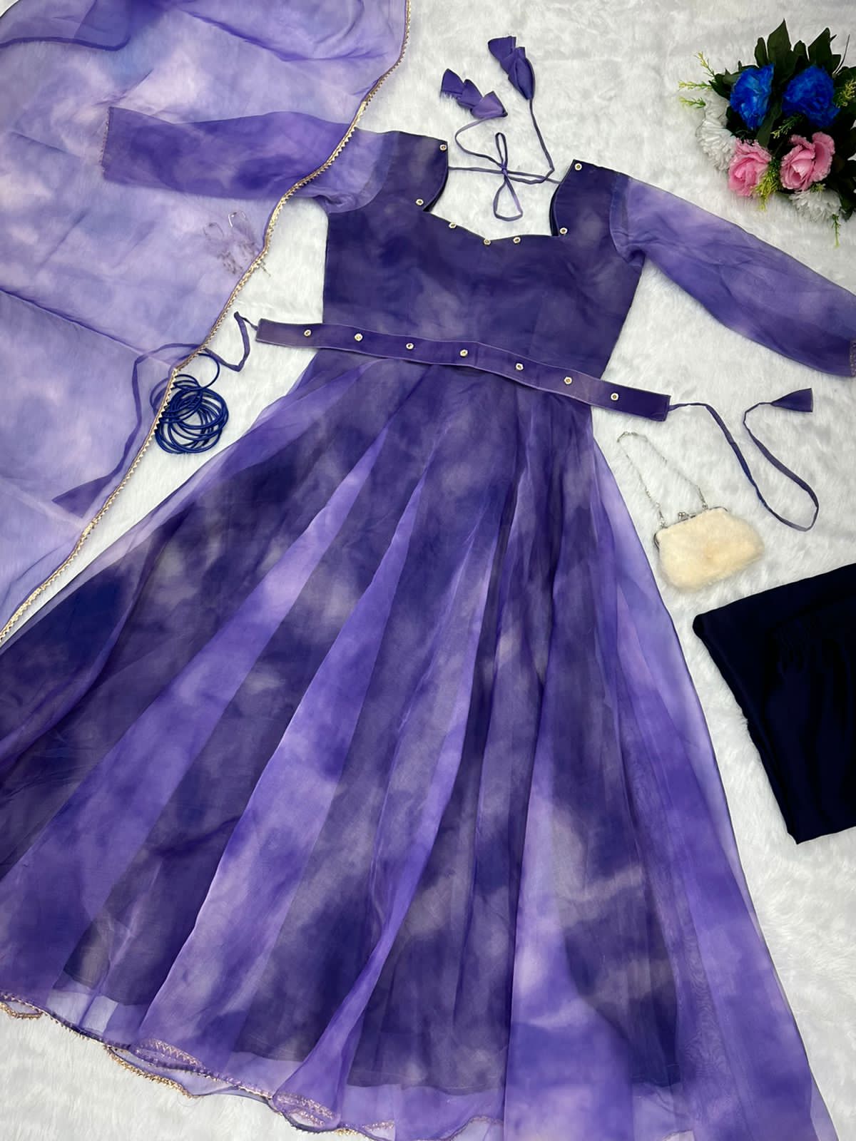 Organza Purple Color Gown With Belt