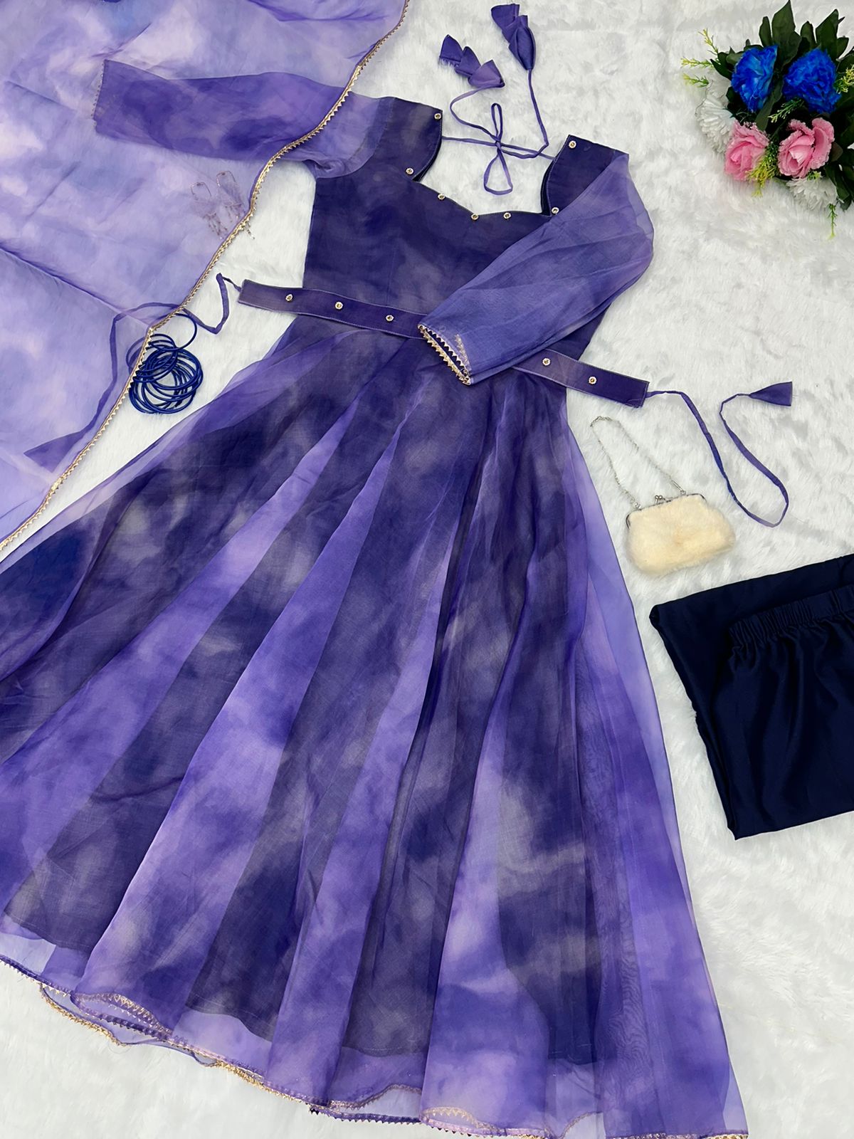 Organza Purple Color Gown With Belt