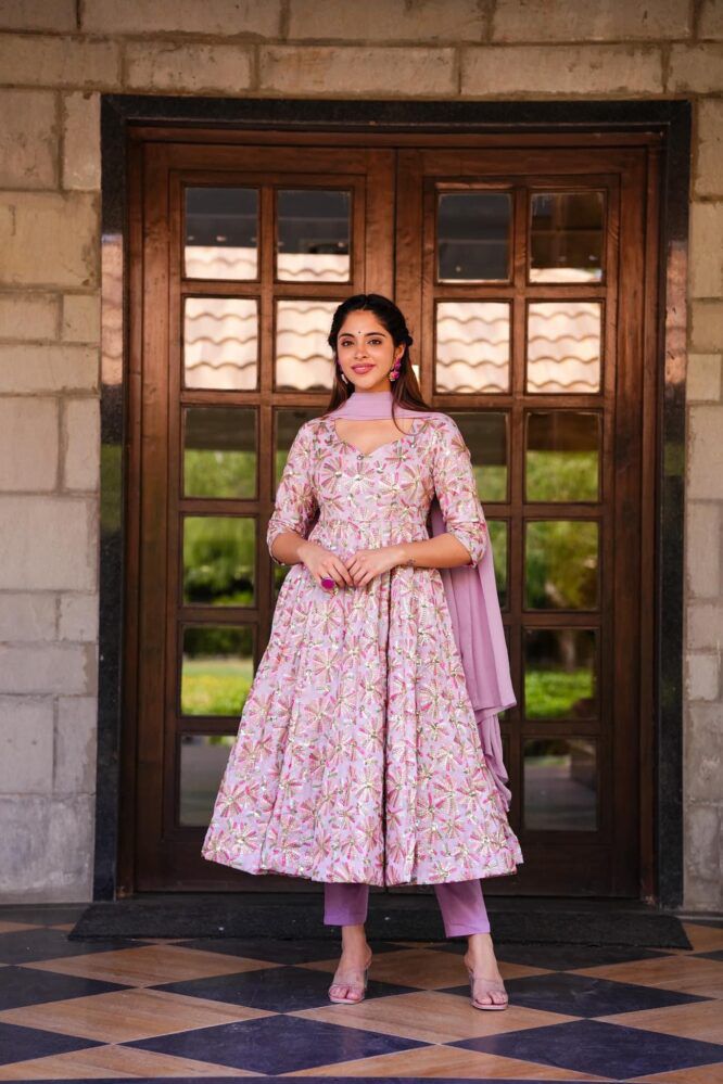 Fashionable Multi Work Lavender Color Anarkali Gown