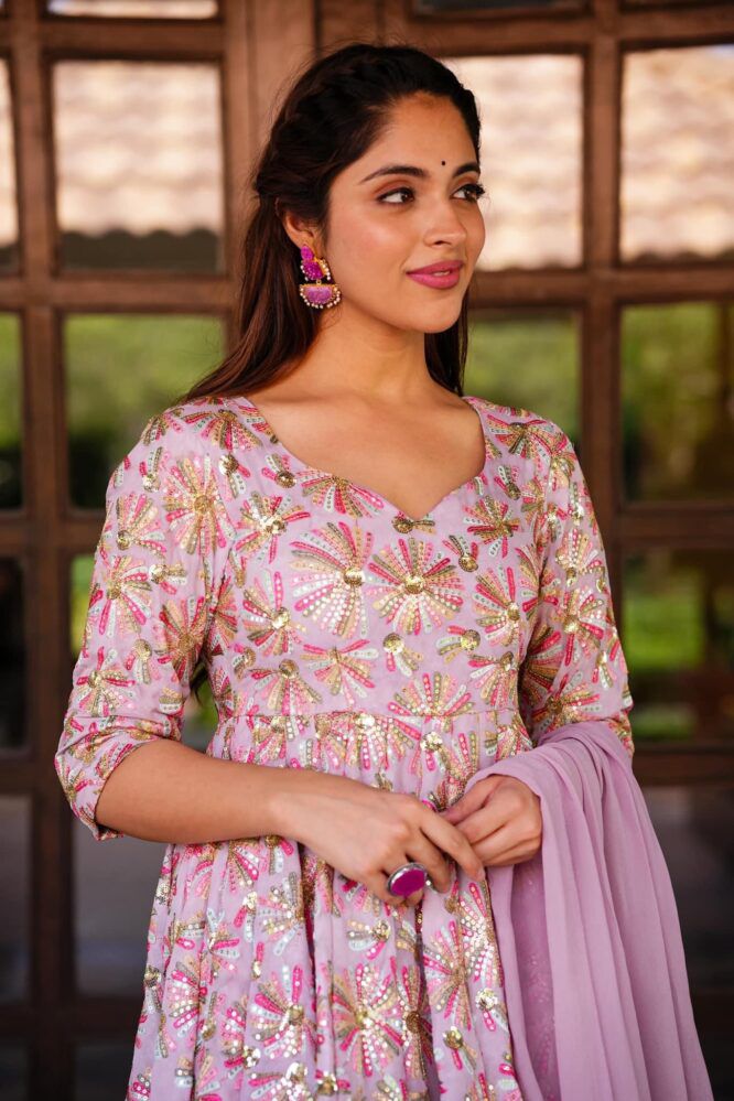 Fashionable Multi Work Lavender Color Anarkali Gown