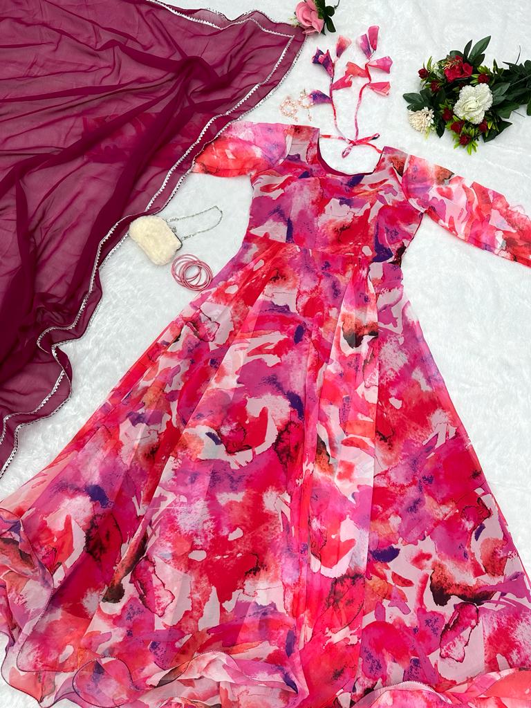 Captivating Pink Color Digital Printed Gown