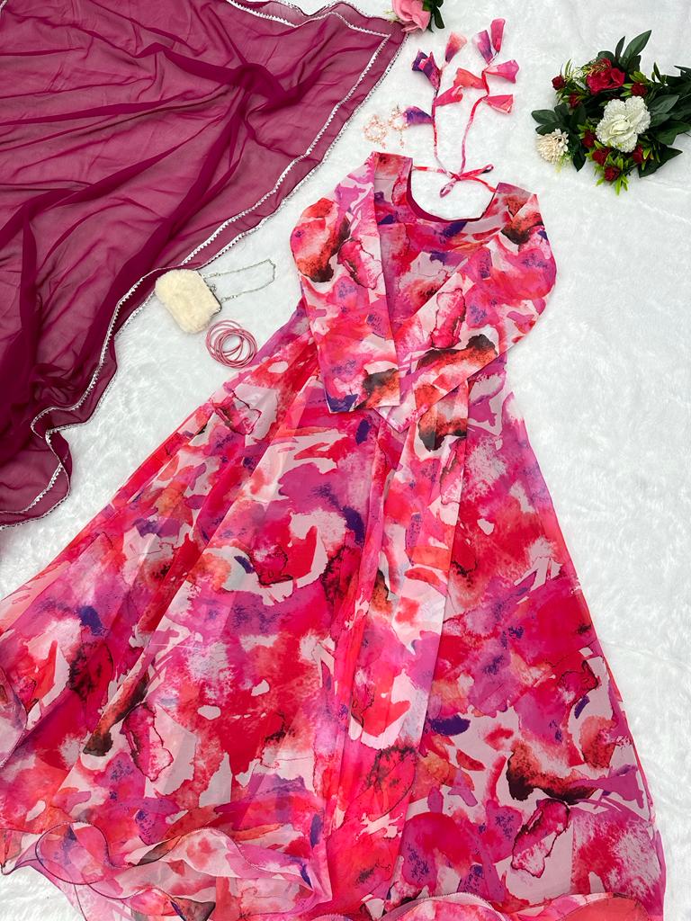Captivating Pink Color Digital Printed Gown