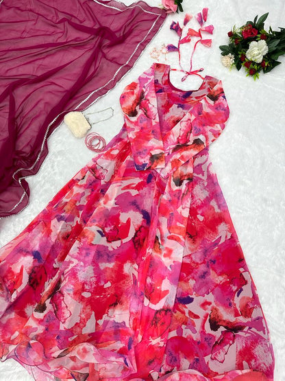 Captivating Pink Color Digital Printed Gown