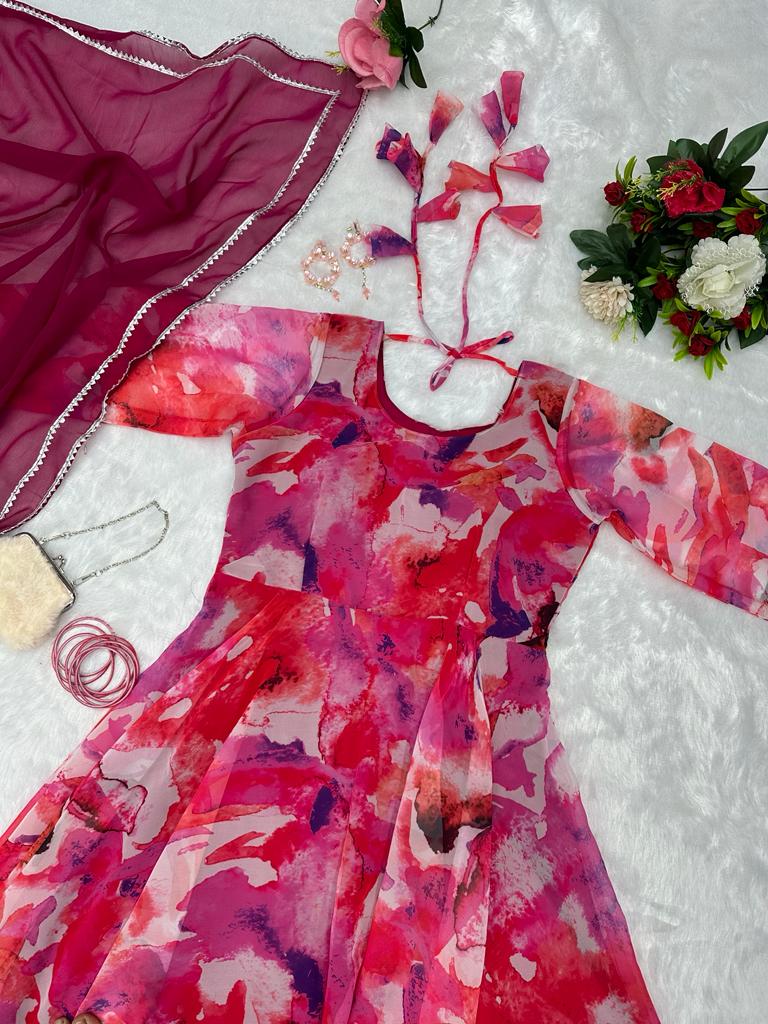 Captivating Pink Color Digital Printed Gown