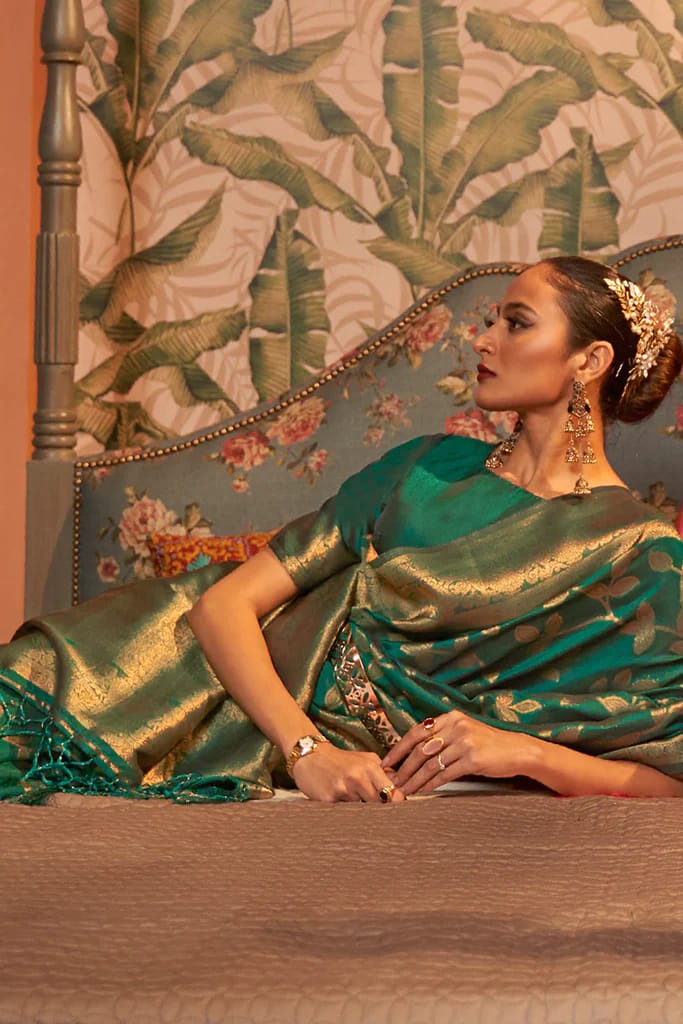 Copper Jari Design Green Color Lichi Silk Saree