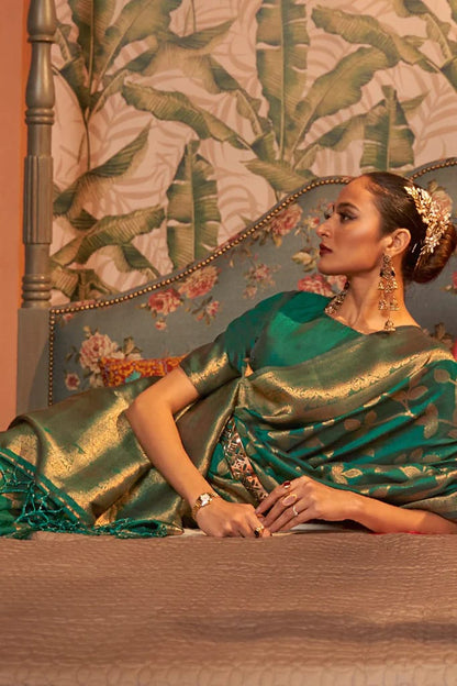 Copper Jari Design Green Color Lichi Silk Saree