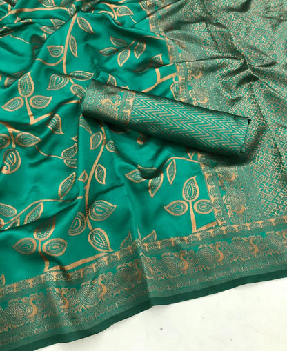 Copper Jari Design Green Color Lichi Silk Saree