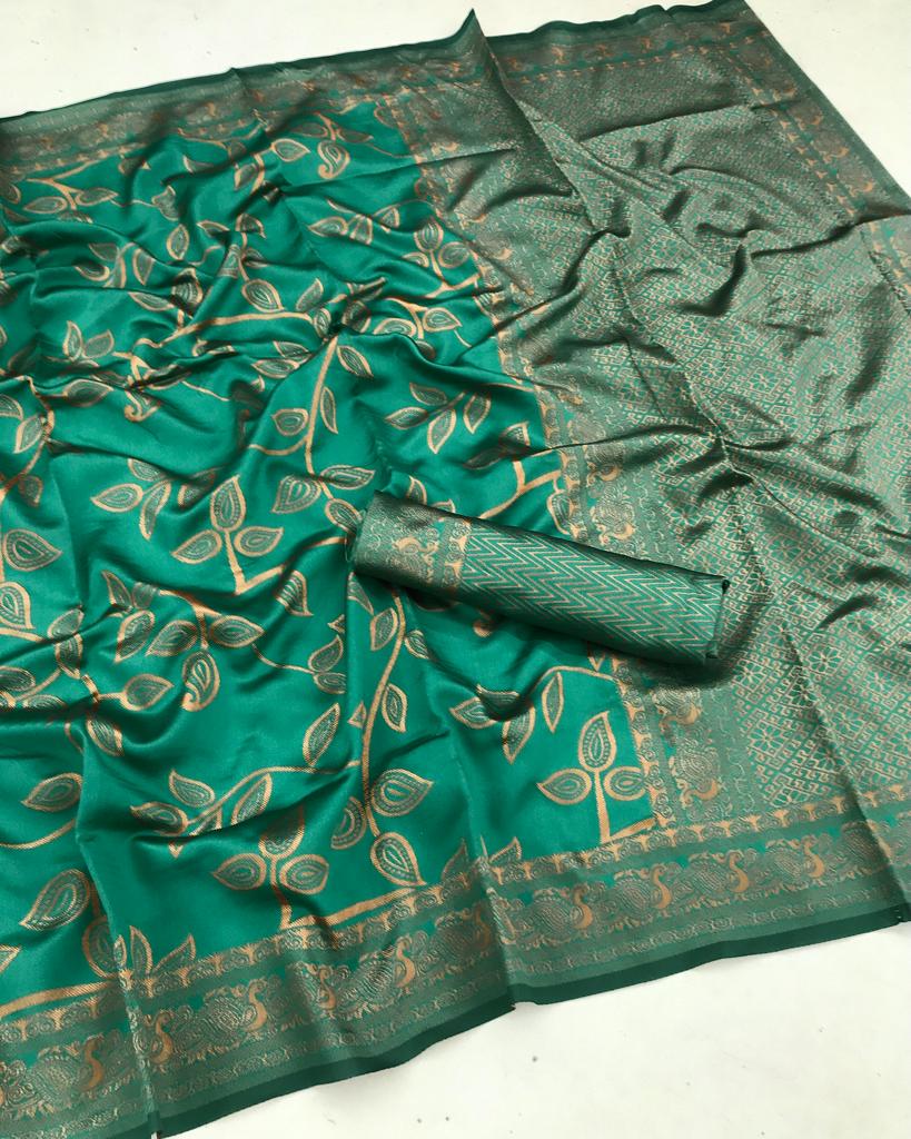 Copper Jari Design Green Color Lichi Silk Saree
