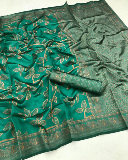 Copper Jari Design Green Color Lichi Silk Saree