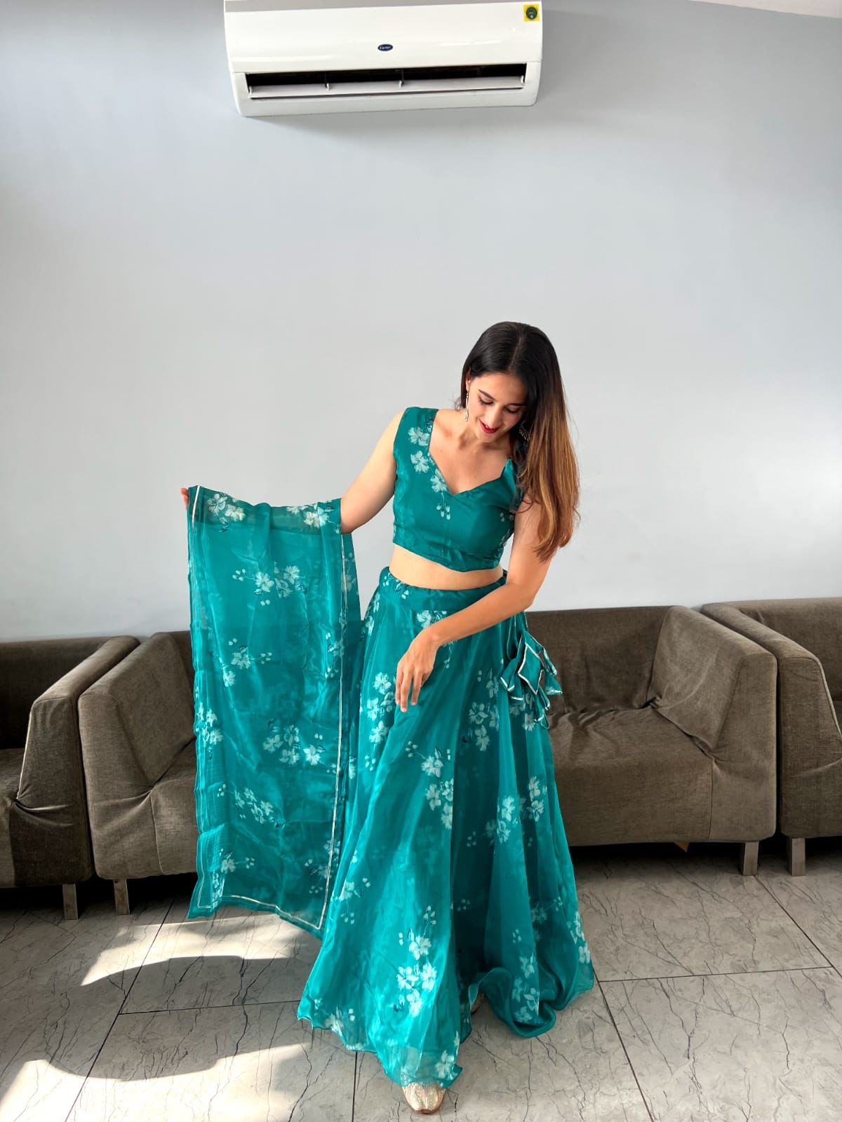 Amazing Digital Print Aqua Green Organza Silk Lehenga Choli