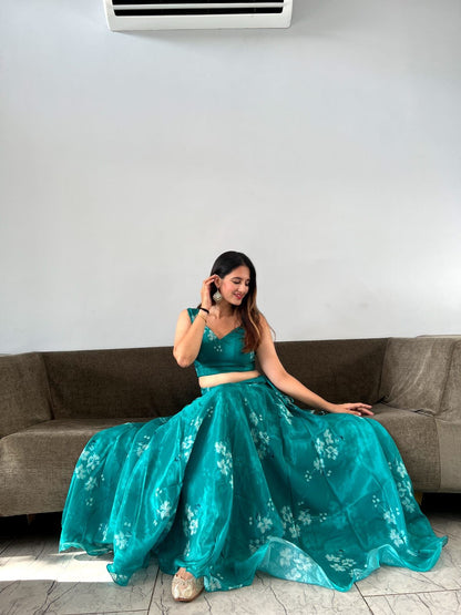 Amazing Digital Print Aqua Green Organza Silk Lehenga Choli