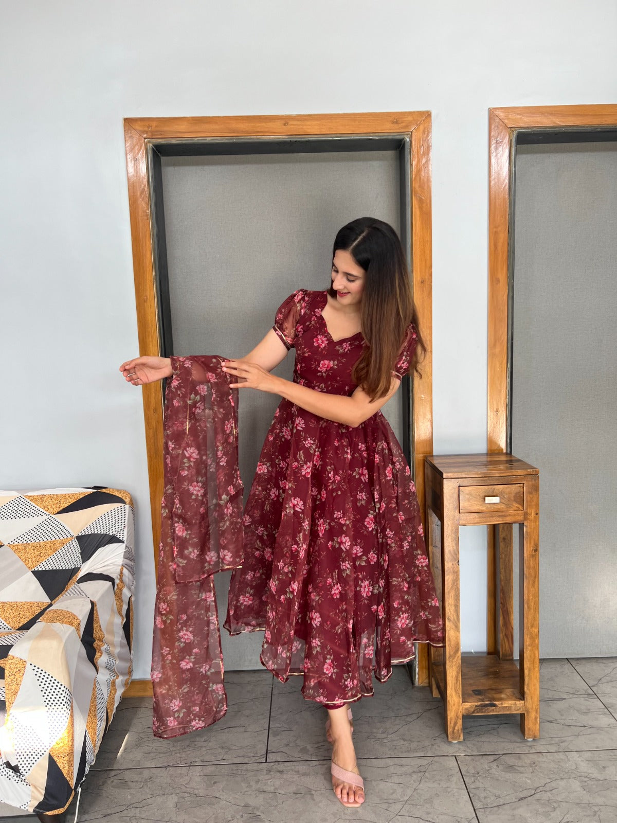 Organza Silk Maroon Color Beautiful Anarkali Suit