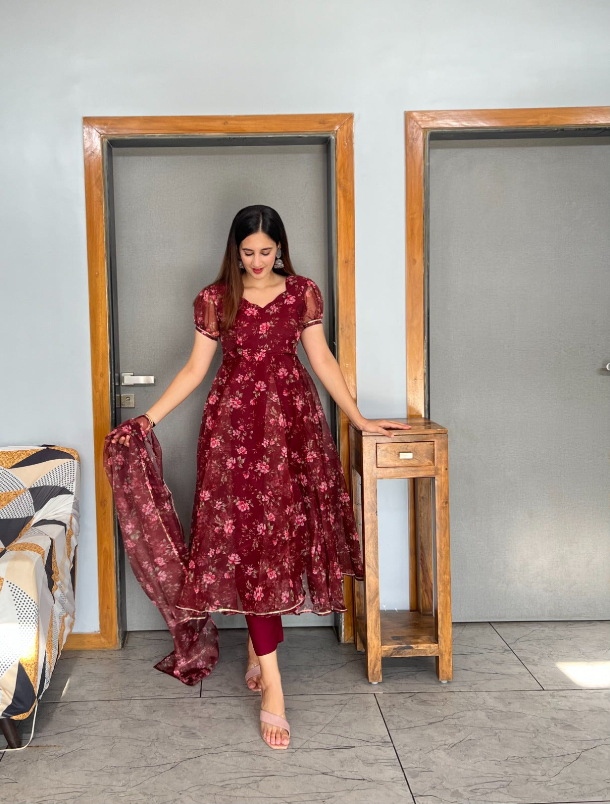 Organza Silk Maroon Color Beautiful Anarkali Suit