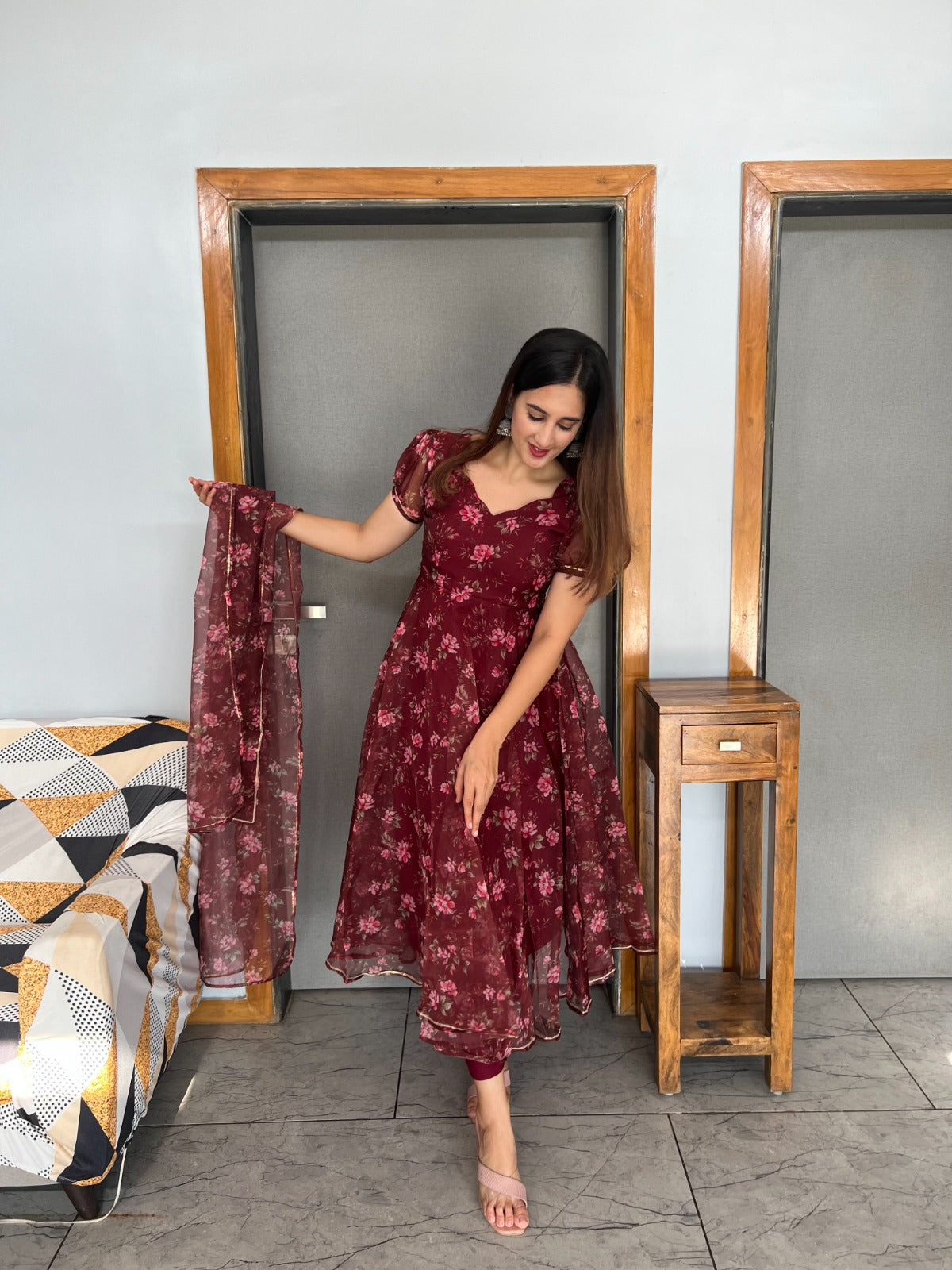 Organza Silk Maroon Color Beautiful Anarkali Suit