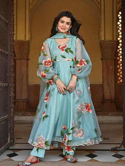 Sky Blue Color Gota Patti Work Digital Printed Gown