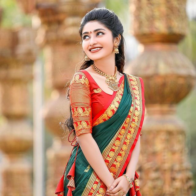 Wedding Wear Green With Red Color Golden Jari Design Saree