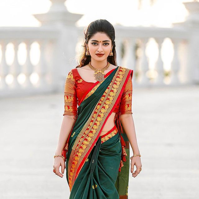 Wedding Wear Green With Red Color Golden Jari Design Saree