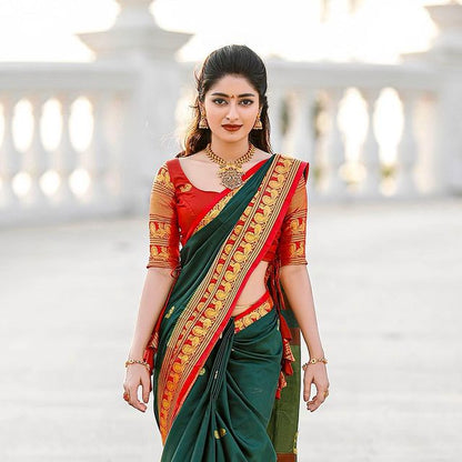 Wedding Wear Green With Red Color Golden Jari Design Saree