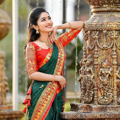 Wedding Wear Green With Red Color Golden Jari Design Saree