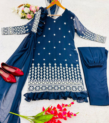 Terrific Embroidery Work Blue Color Salwar Suit