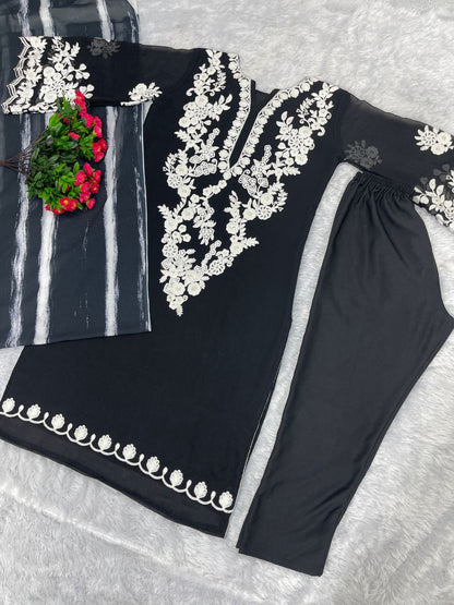 Chine Sequence Black Color Work Kurti Set