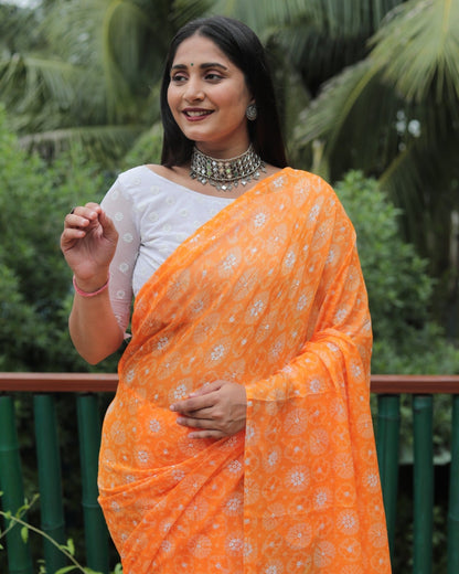 Orange Color Printed Foil Work Chiffon Silk Saree