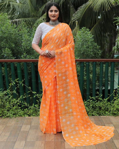 Orange Color Printed Foil Work Chiffon Silk Saree