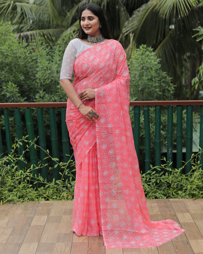 Peach Color Printed Foil Work Chiffon Silk Saree