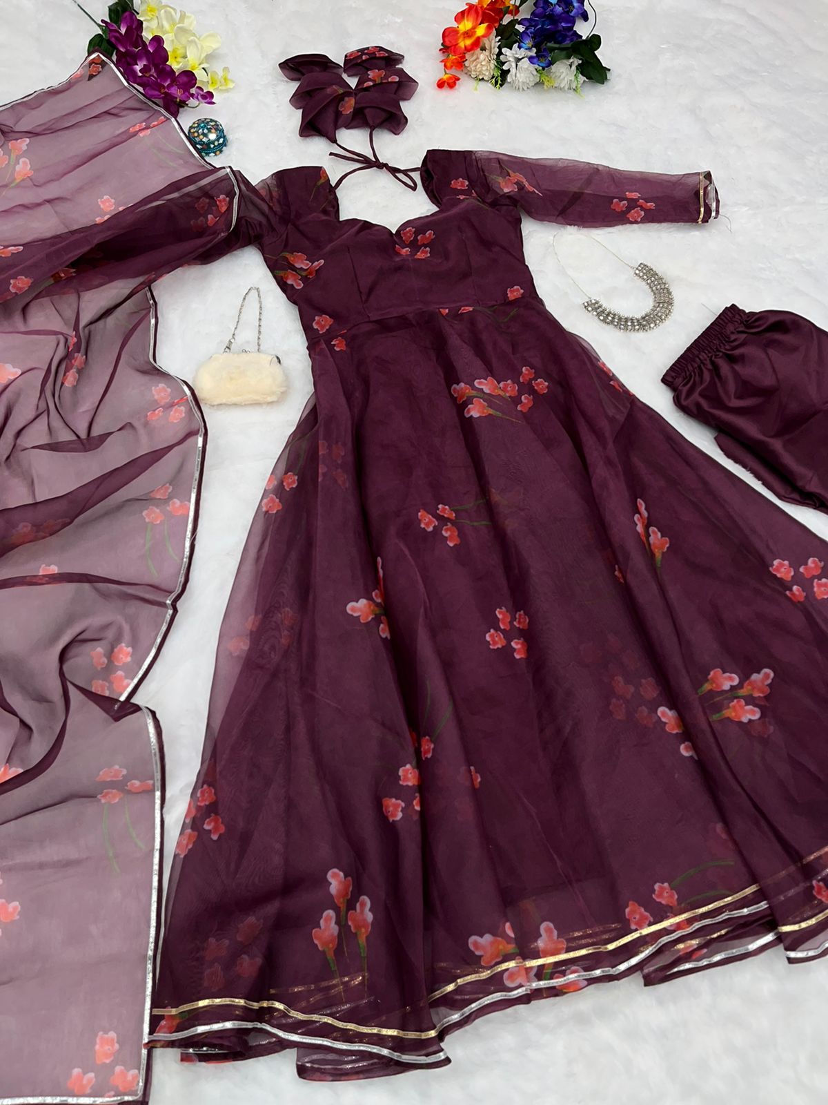 Pretty Maroon Color Printed Organza Anarkali Suit