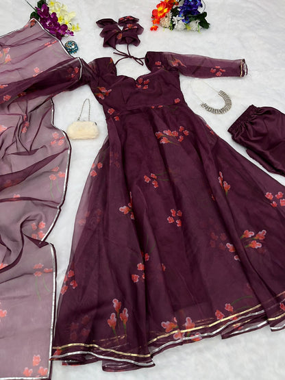 Pretty Maroon Color Printed Organza Anarkali Suit