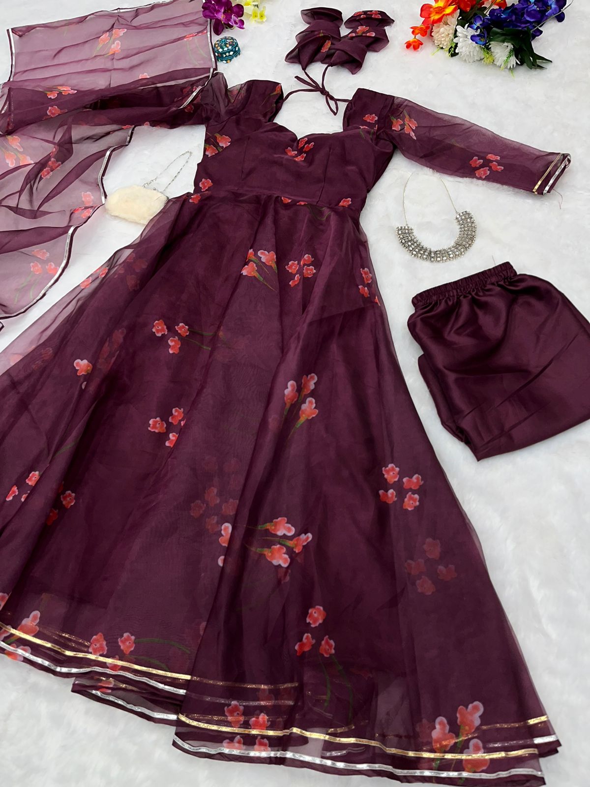 Pretty Maroon Color Printed Organza Anarkali Suit