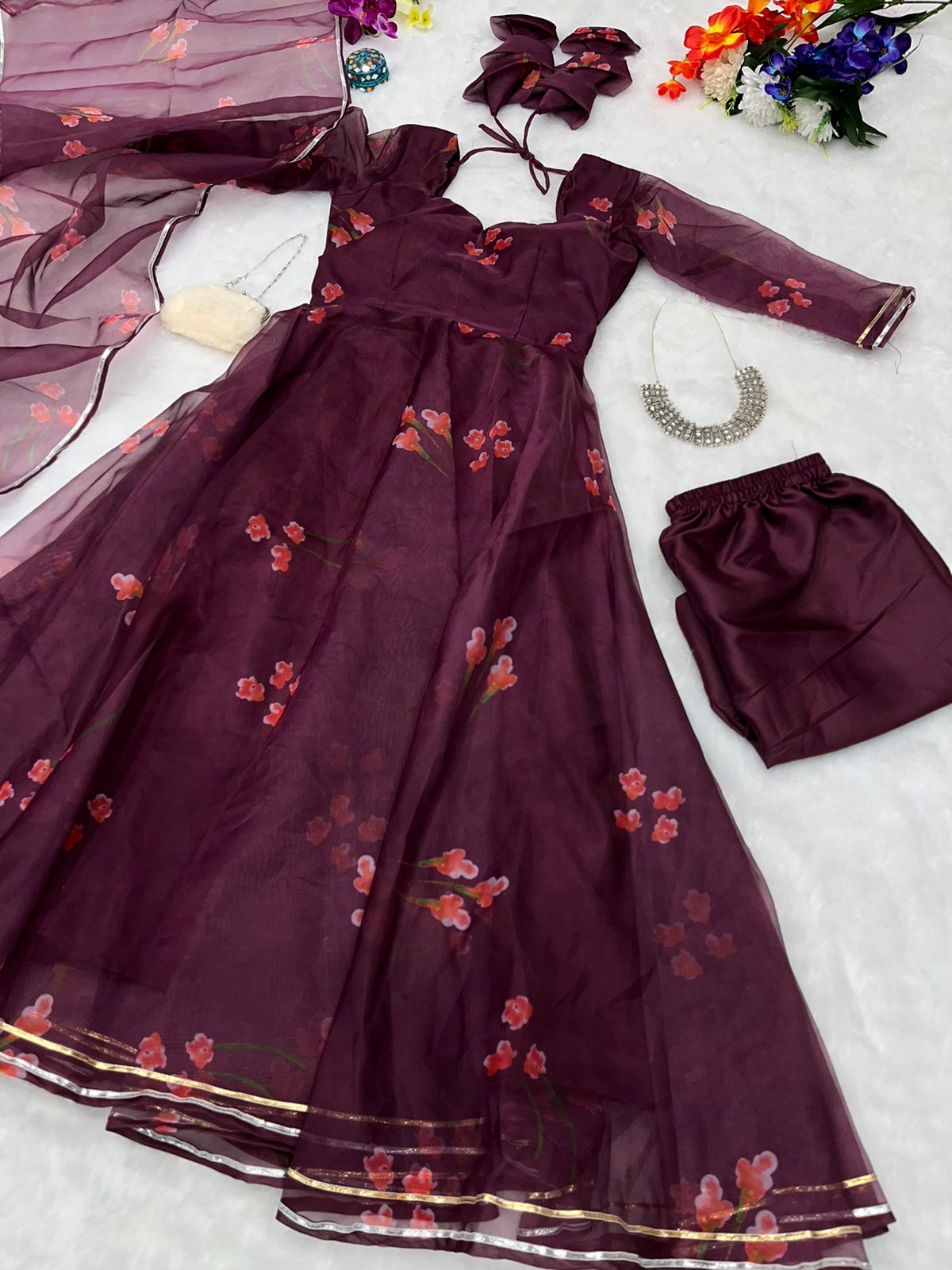 Pretty Maroon Color Printed Organza Anarkali Suit