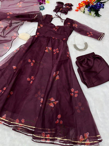 Pretty Maroon Color Printed Organza Anarkali Suit
