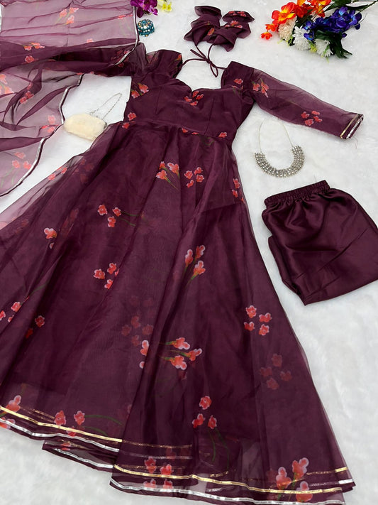 Pretty Maroon Color Printed Organza Anarkali Suit