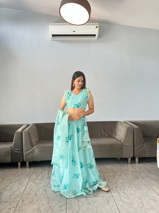 Mesmerizing Aqua Green Color Organza Silk Lehenga Choli