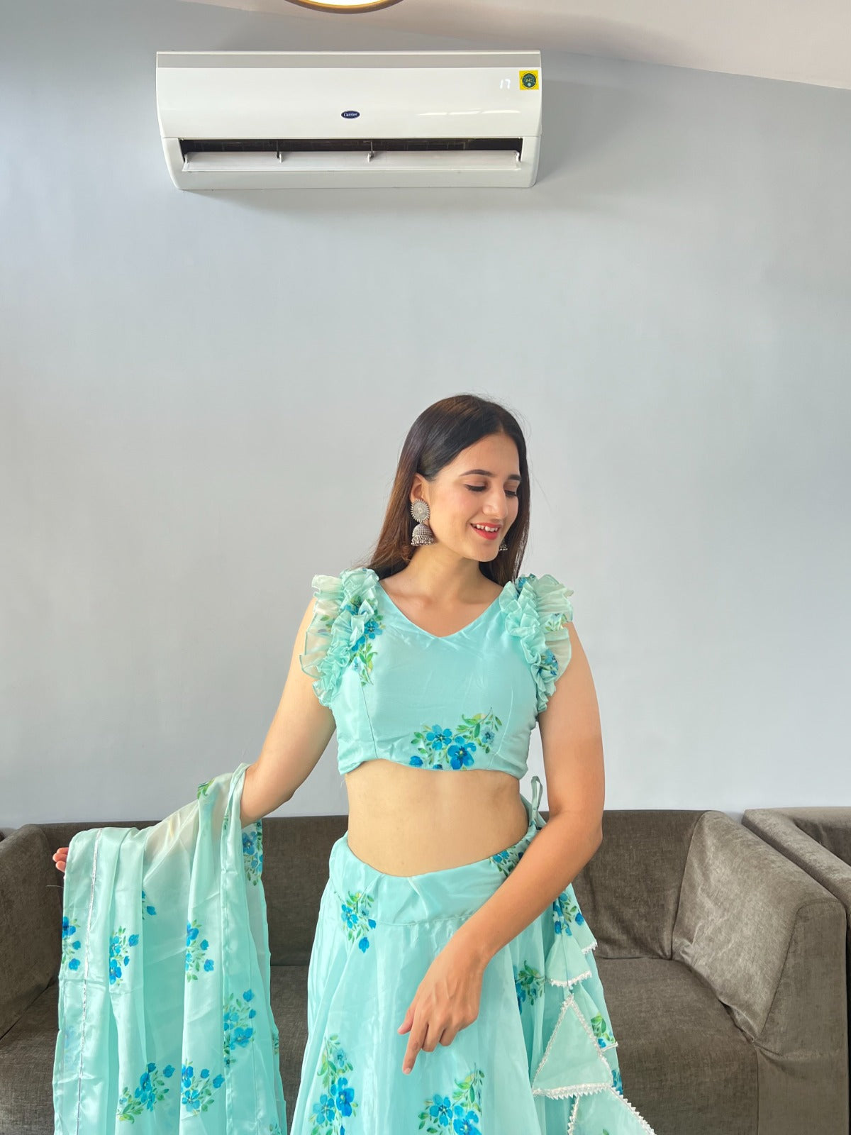 Mesmerizing Aqua Green Color Organza Silk Lehenga Choli