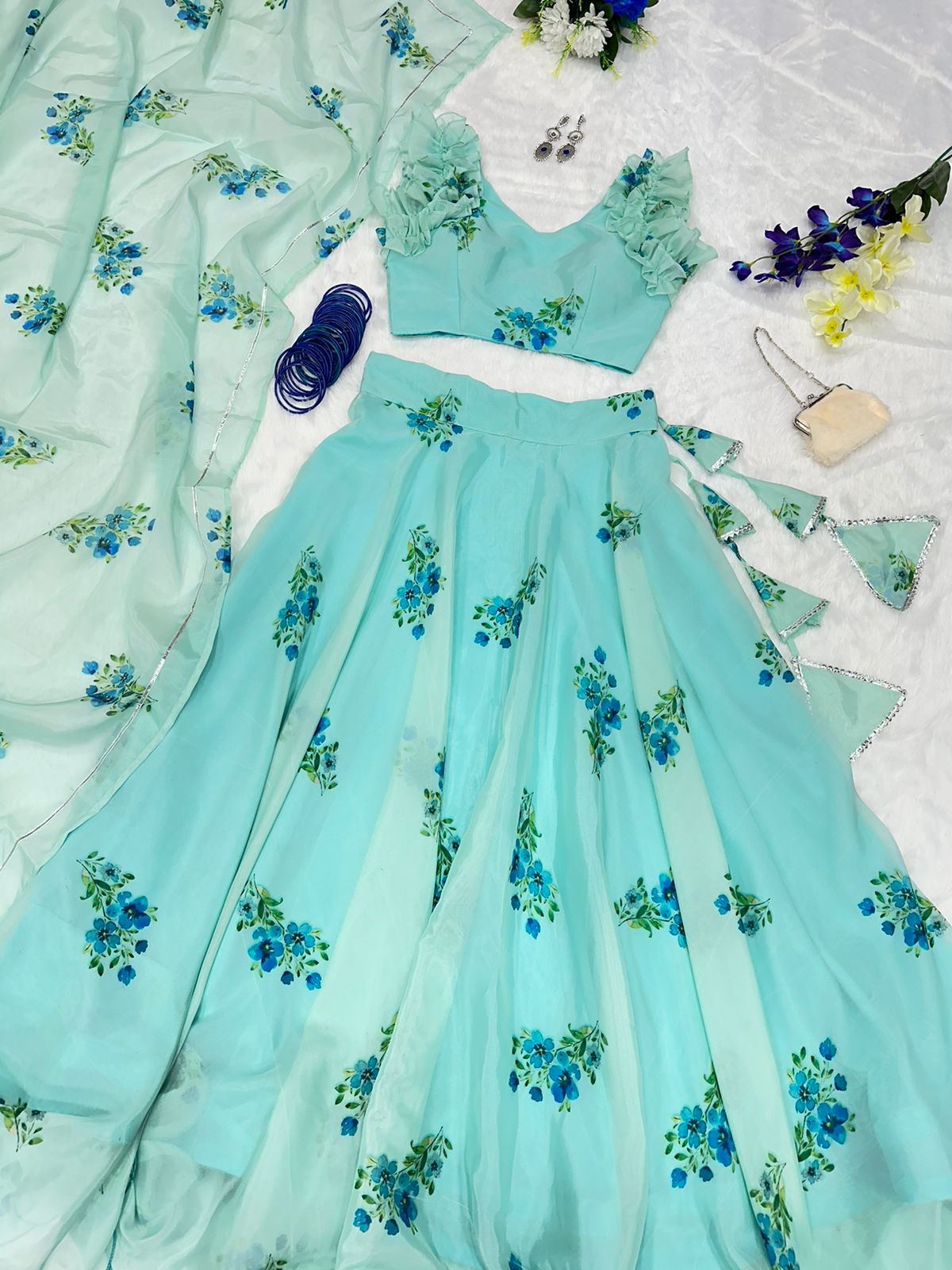 Mesmerizing Aqua Green Color Organza Silk Lehenga Choli