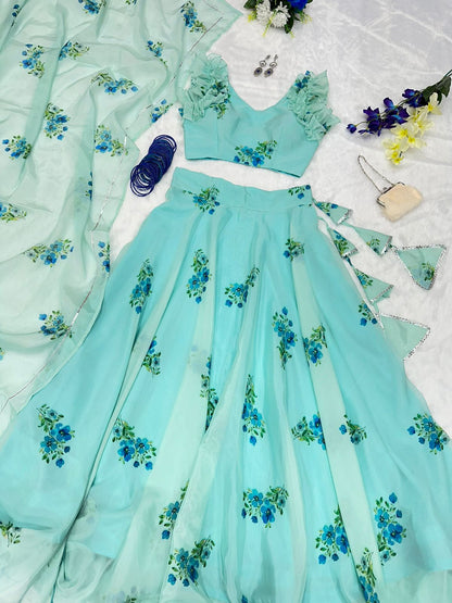 Mesmerizing Aqua Green Color Organza Silk Lehenga Choli